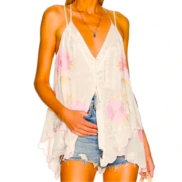 New Free People Zayda Embroidered XS S M Ivory Pink V-Neck Roses Silky Tank Top - Picture 3 of 13